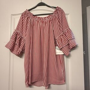 NWT Tiered Ruffle Sleeve Red Striped Off-Shoulder Blouse Size XL
